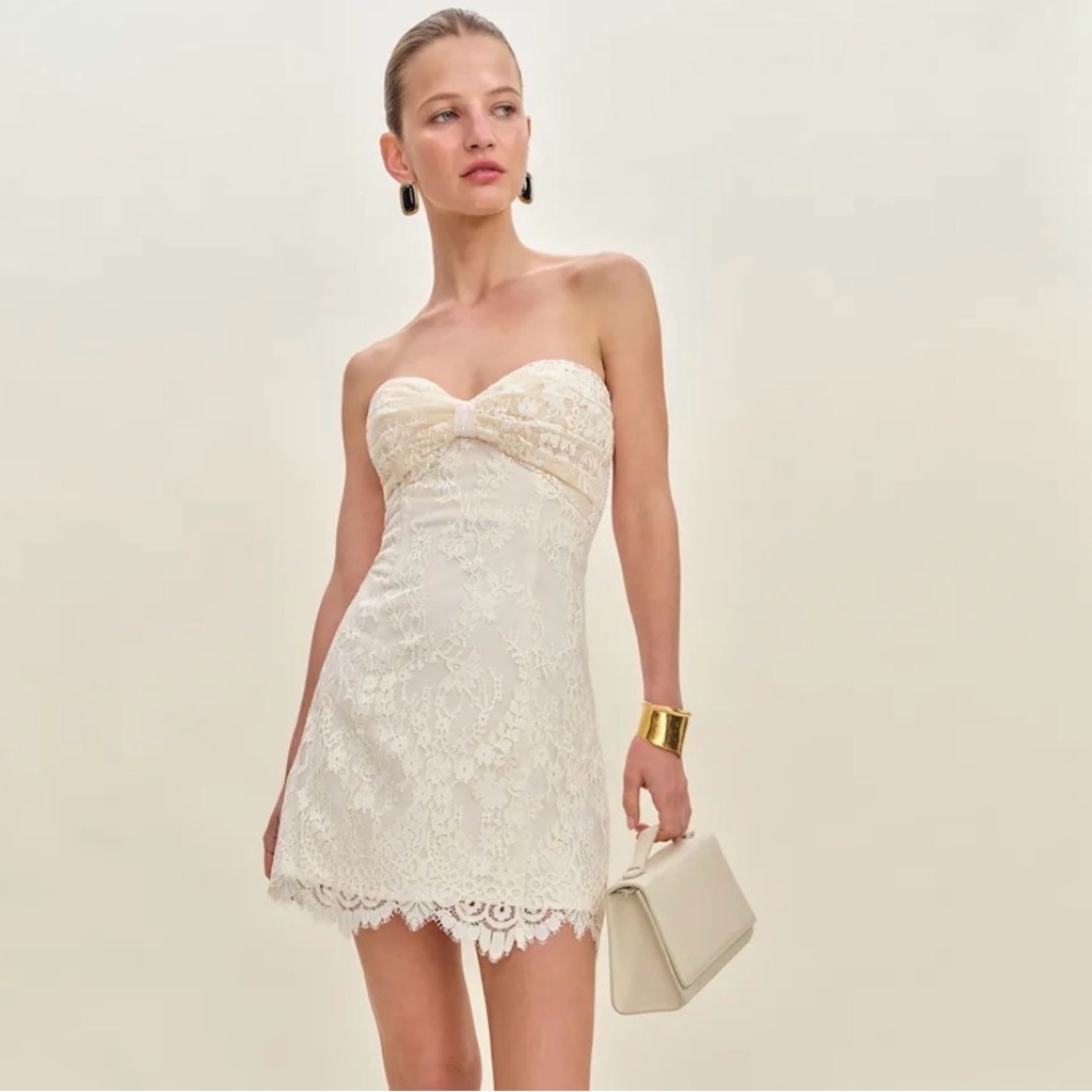 Reformation Cream Lace Strapless Mini Dress